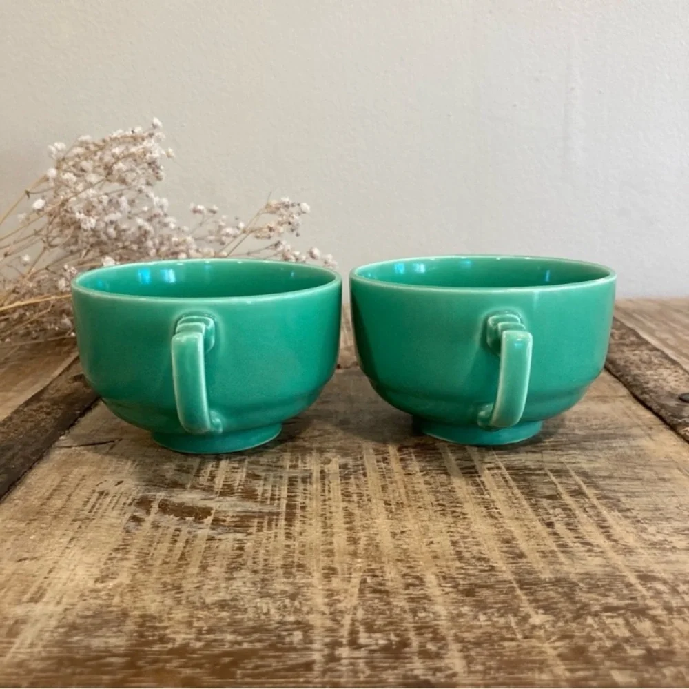 2 Homer Laughlin Riviera Light Green Art Deco Tea Cups Vintage